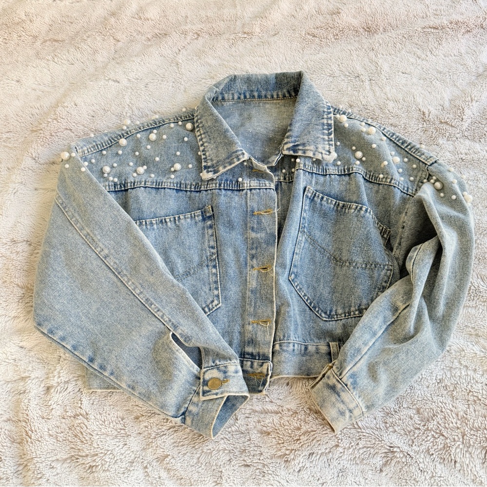 Denim Pearl-Studded Women's Jacket
